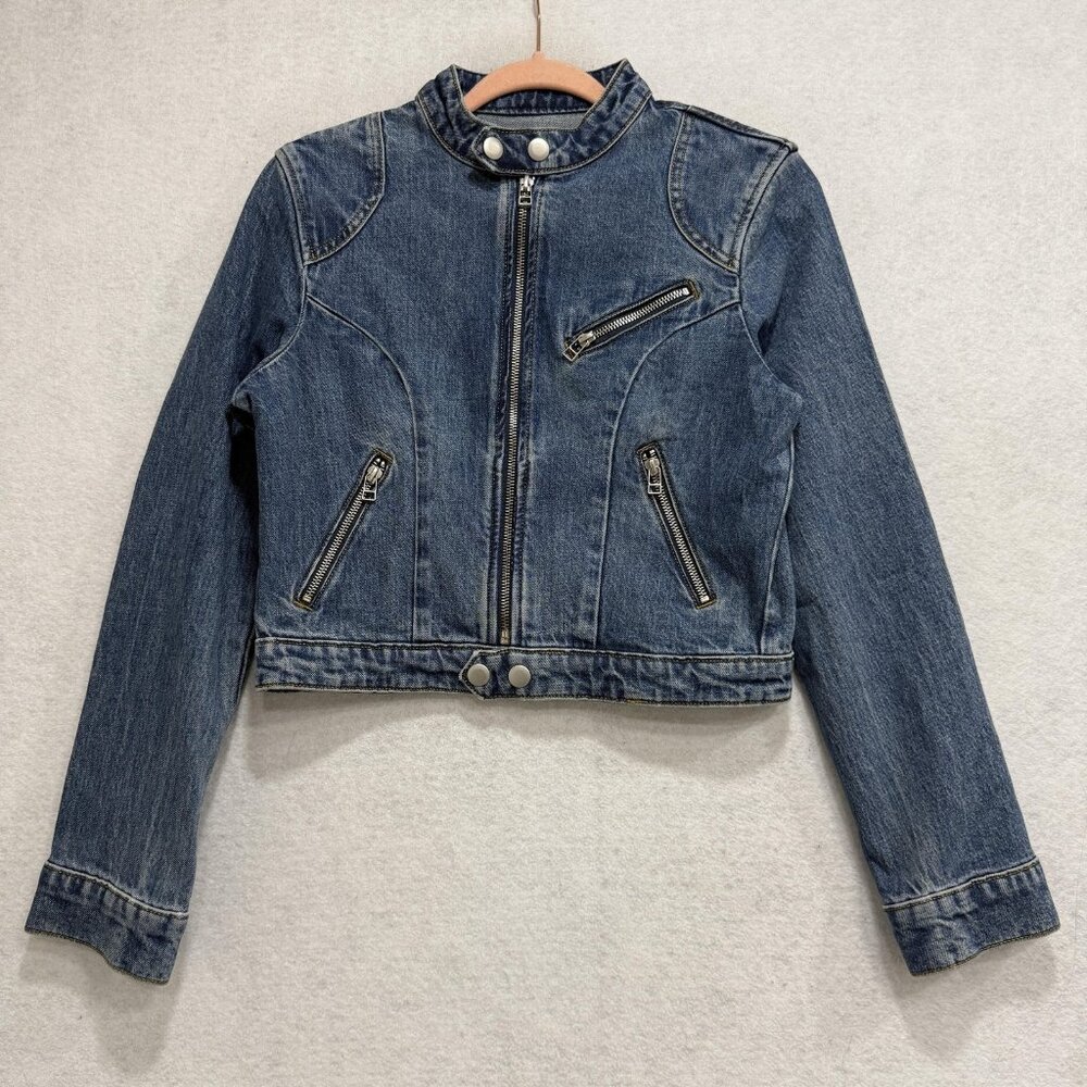 Reformation Jeans Danica Racer Denim Jacket Womens Medium Blue Moto Cropped Zip